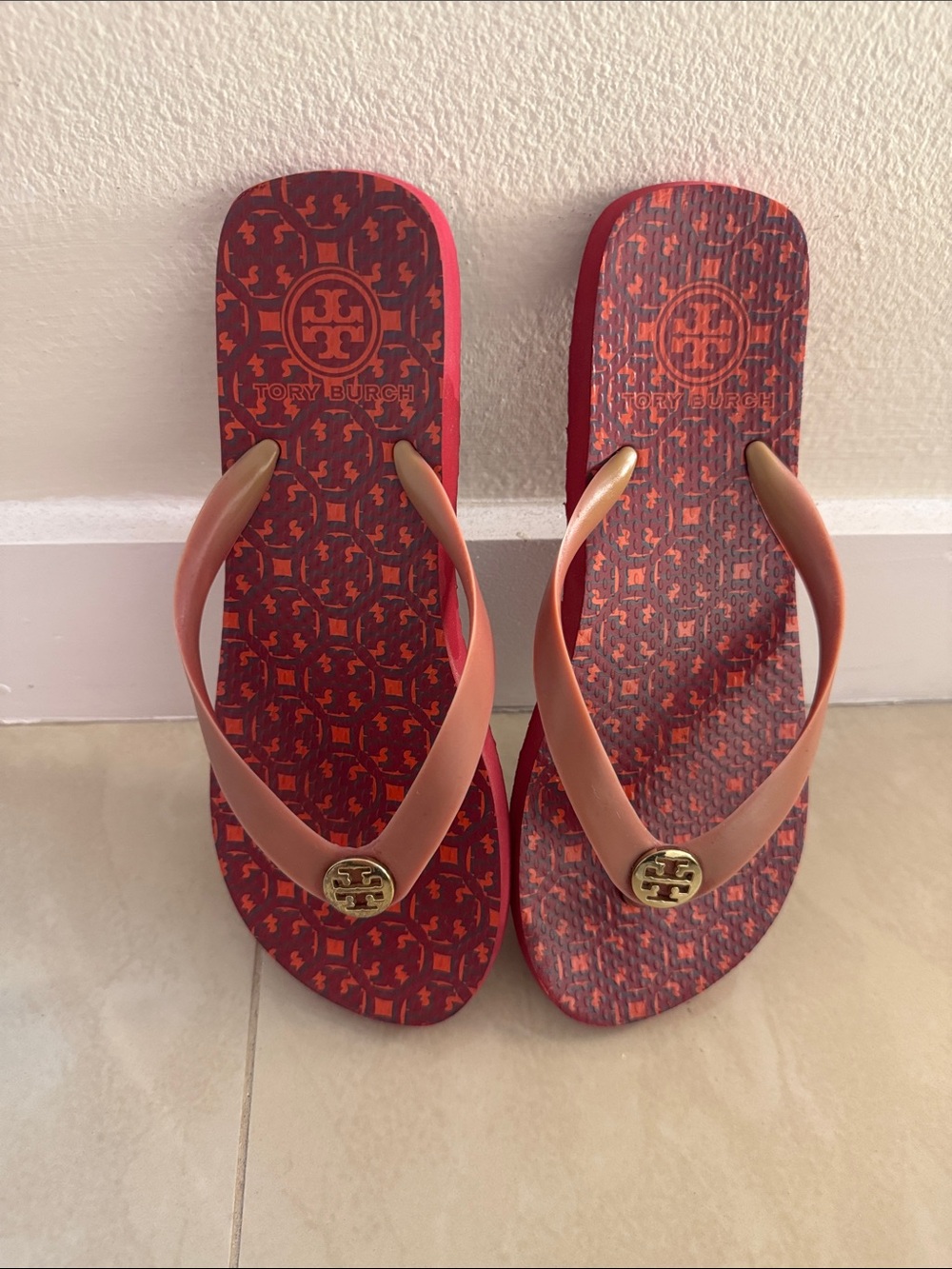 Tory Burch Red Patterned Logo Thong Sandals with Tan Straps
